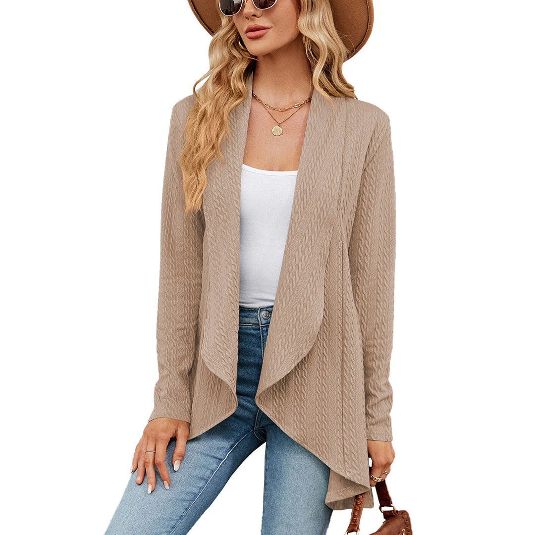 Full-length view of open front cardigan with asymmetric hem and long sleeves