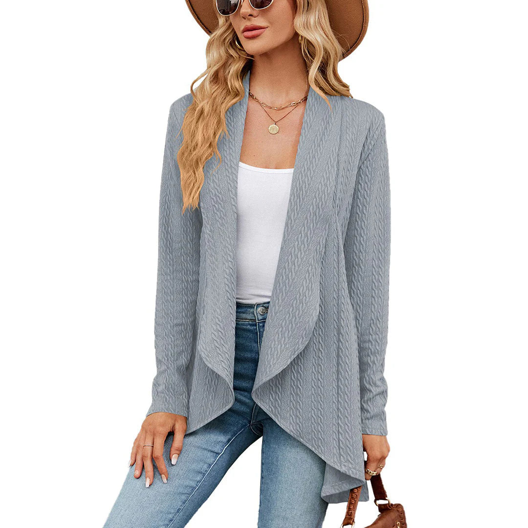Black open front cardigan with textured finish styled for smart-casual layering
