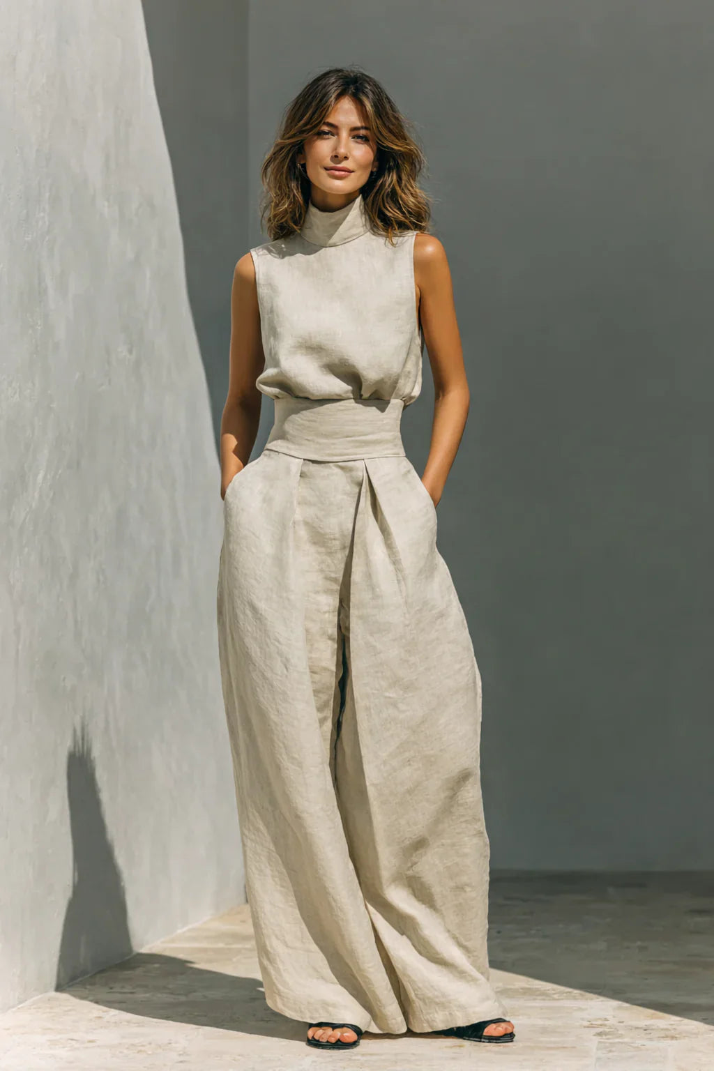 Women's sleeveless wide leg trouser set in beige with high neck top and flowing trousers