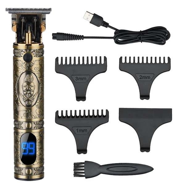Professional hair and beard trimmer for men with ornate bronze finish, digital display, four adjustable combs, and USB charging cable