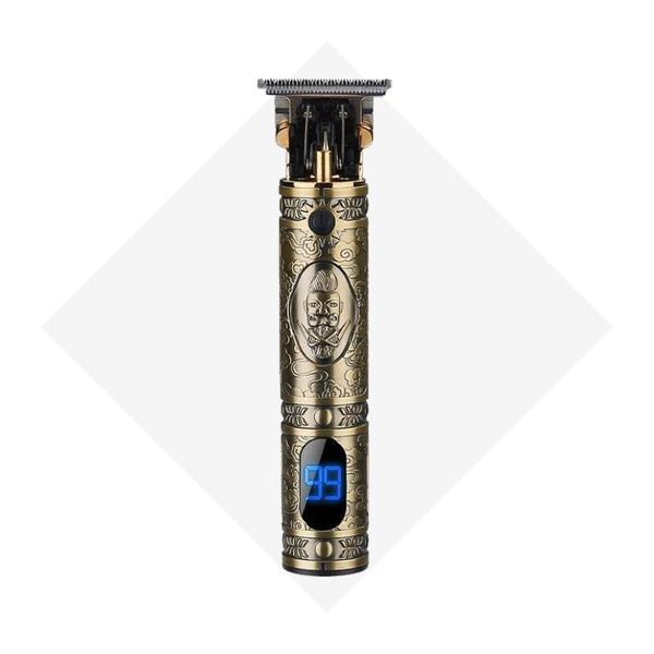 Close-up view of professional hair and beard trimmer for men showing precision steel blade head and decorative bronze casing
