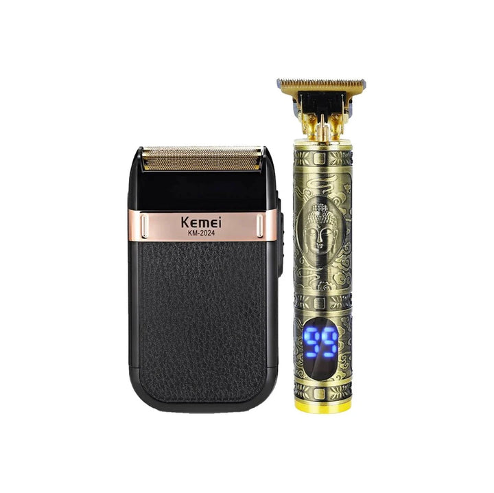 Professional hair and beard trimmer for men kit contents including trimmer body, USB cable, and four guide combs