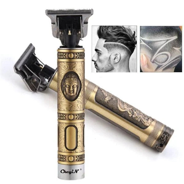 Side angle of professional hair and beard trimmer for men displaying digital battery indicator and detailed bronze engraving
