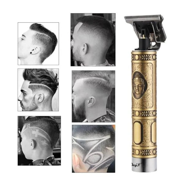 Professional hair and beard trimmer for men with all accessories laid out including 1mm, 2mm, 3mm combs and cleaning brush