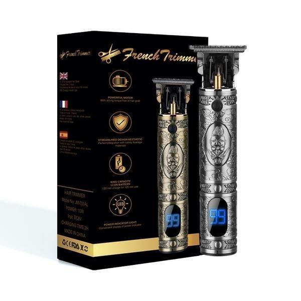 Detail shot of professional hair and beard trimmer for men blade assembly and adjustable comb attachments