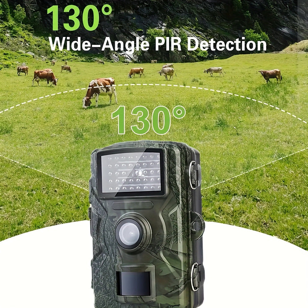 Outdoor trail camera with 130-degree wide-angle lens and night vision