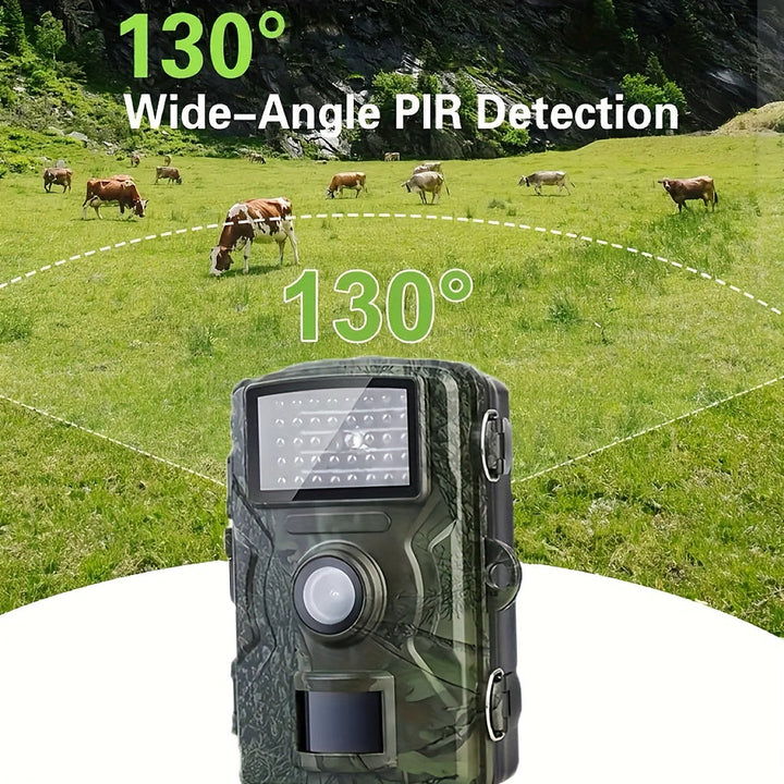 Outdoor trail camera with 130-degree wide-angle lens and night vision