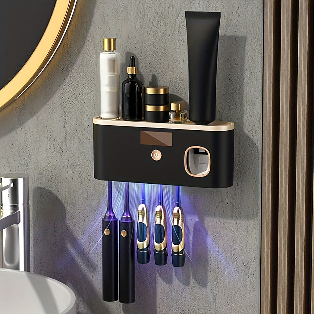 Wall-mounted toothbrush holder with automatic toothpaste dispenser and shelf