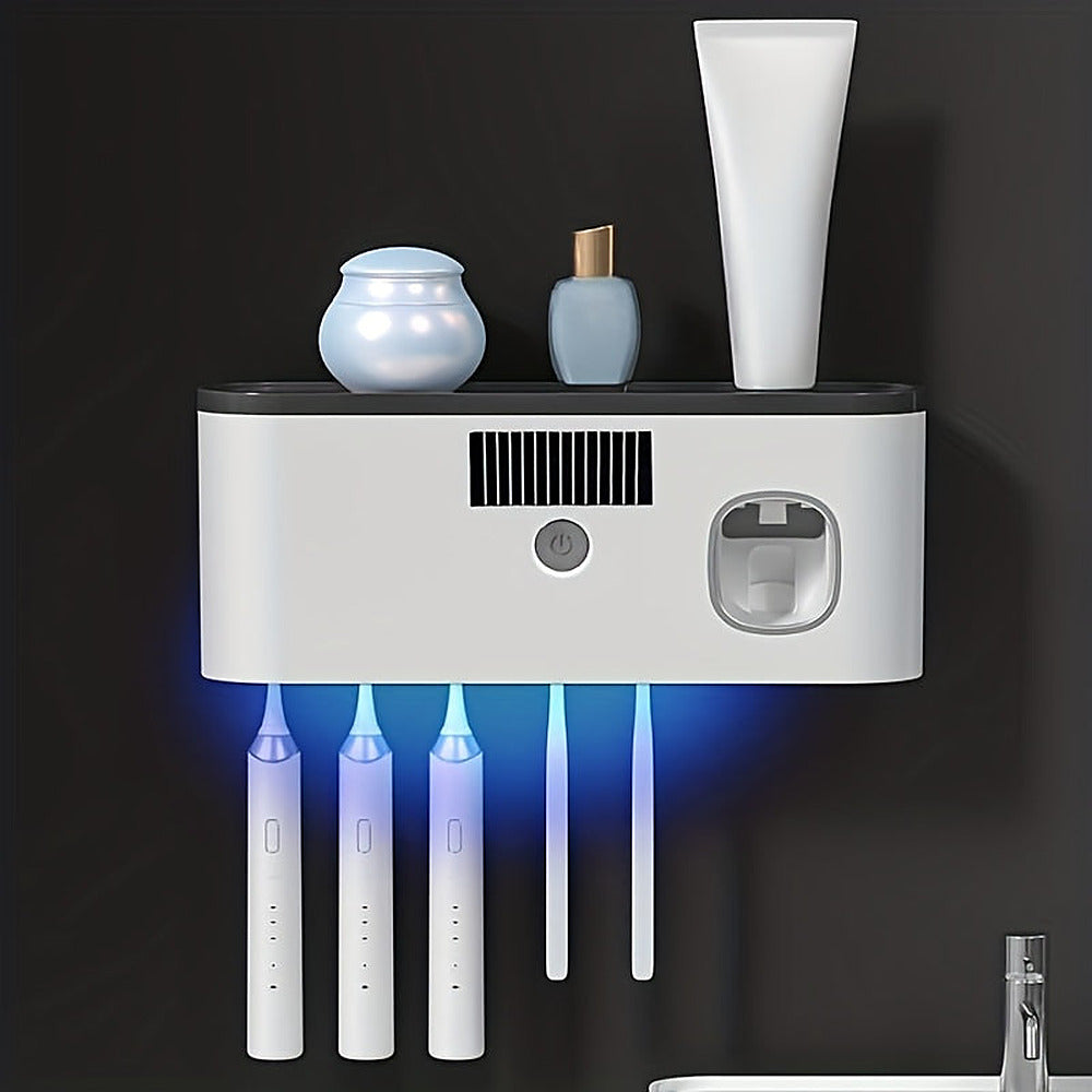 Wall-mounted toothbrush holder with automatic toothpaste dispenser and shelf