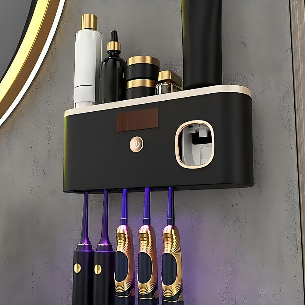 Wall-mounted toothbrush holder with automatic toothpaste dispenser and shelf