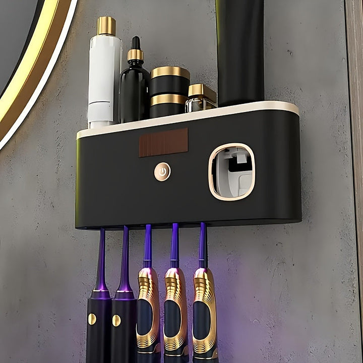 Wall-mounted toothbrush holder with automatic toothpaste dispenser and shelf