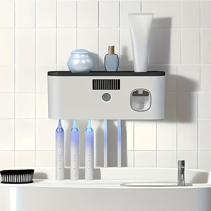 Wall-mounted toothbrush holder with automatic toothpaste dispenser and shelf