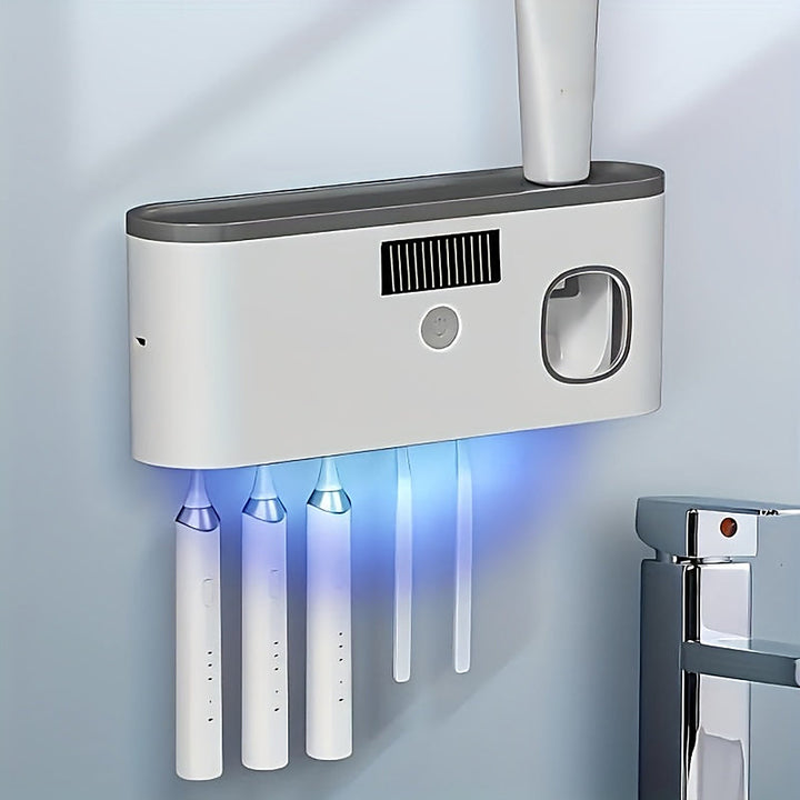 Wall-mounted toothbrush holder with automatic toothpaste dispenser and shelf