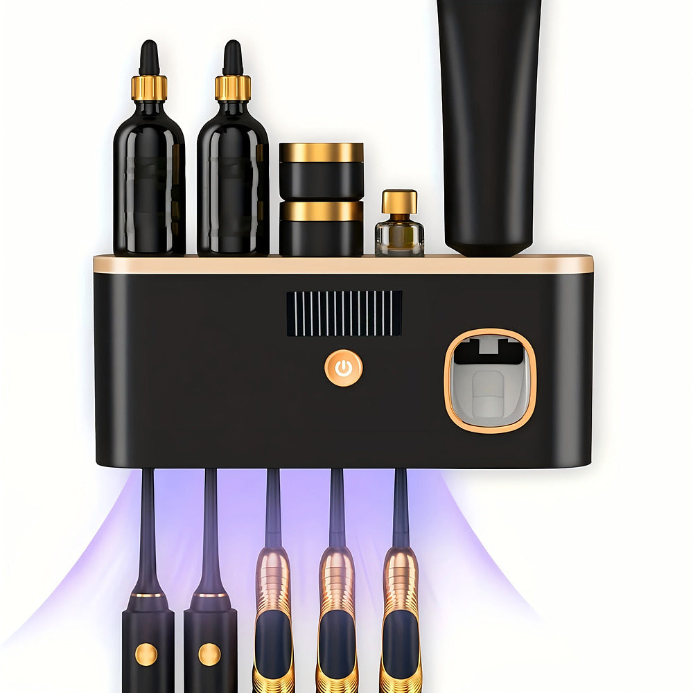 Wall-mounted toothbrush holder with automatic toothpaste dispenser and shelf