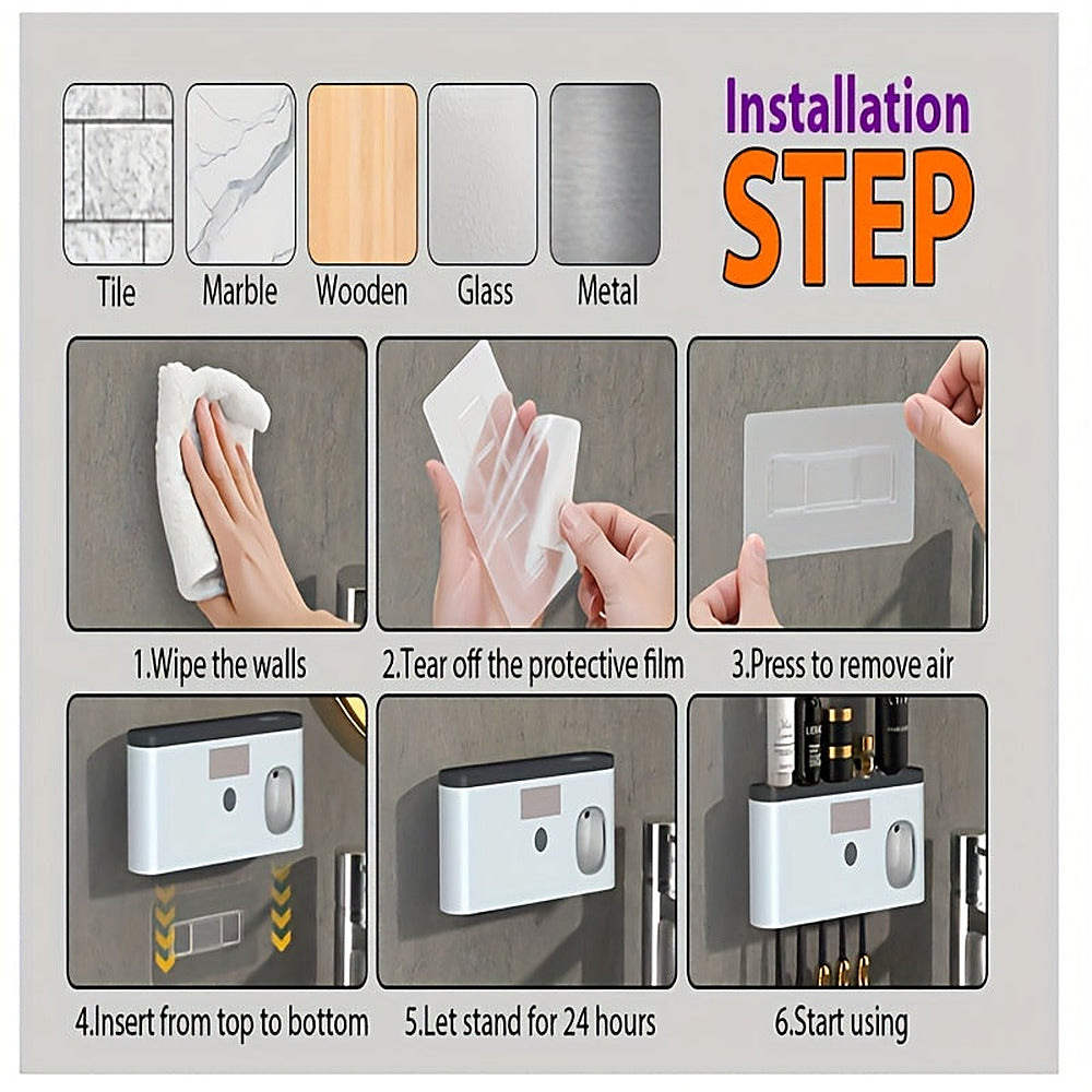 Wall-mounted toothbrush holder with automatic toothpaste dispenser and shelf