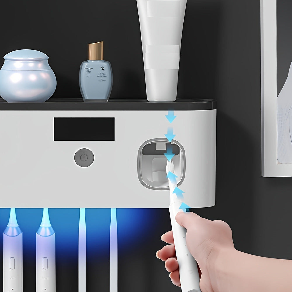 Wall-mounted toothbrush holder with automatic toothpaste dispenser and shelf