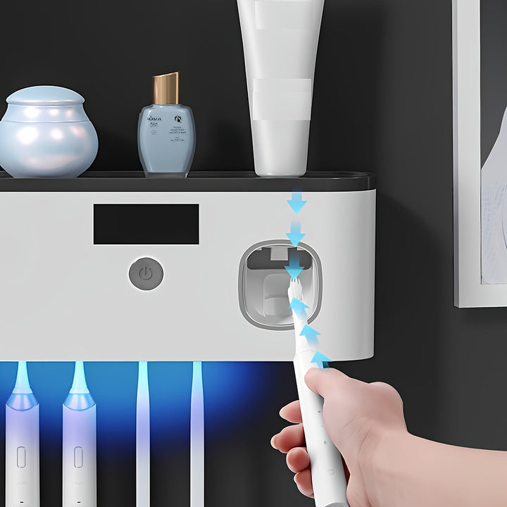 Wall-mounted toothbrush holder with automatic toothpaste dispenser and shelf