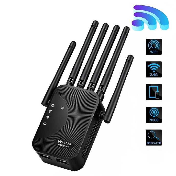 Wi-Fi extender signal booster with six antennas and Ethernet port