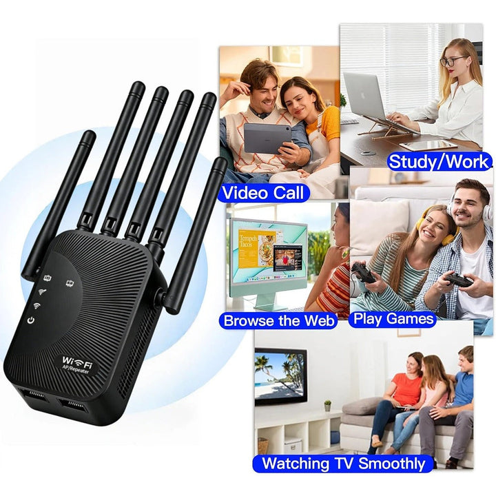 Wi-Fi extender signal booster with six antennas and Ethernet port