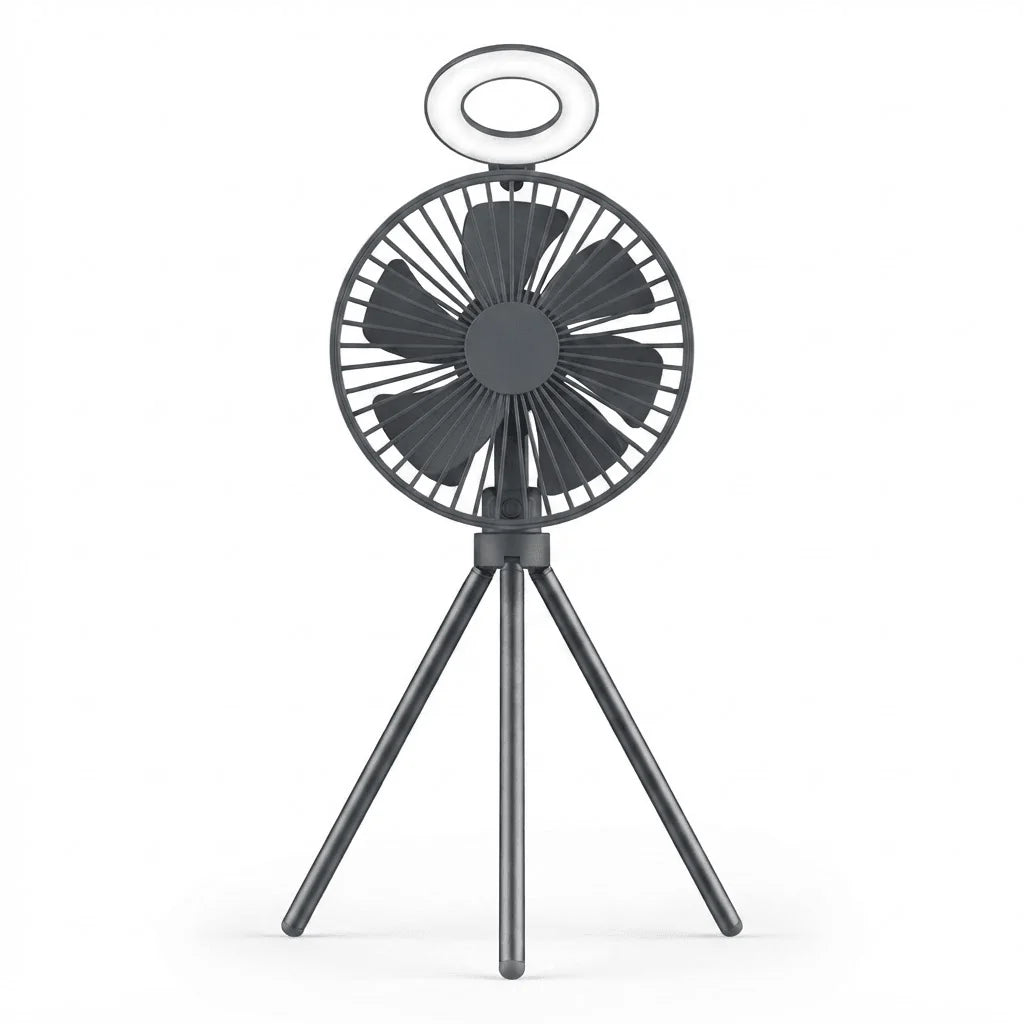 10000mAh Camping Fan – Rechargeable Portable Tripod Fan with LED Ring Light, Power Bank & Air Circulator for Tent, Desk & Outdoor shown with adjustable tripod stand