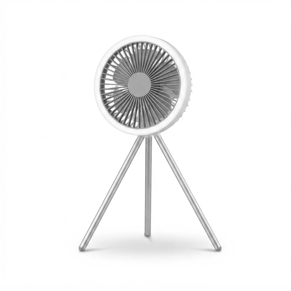 Rechargeable camping fan with LED ring light and tripod base for outdoor and tent use
