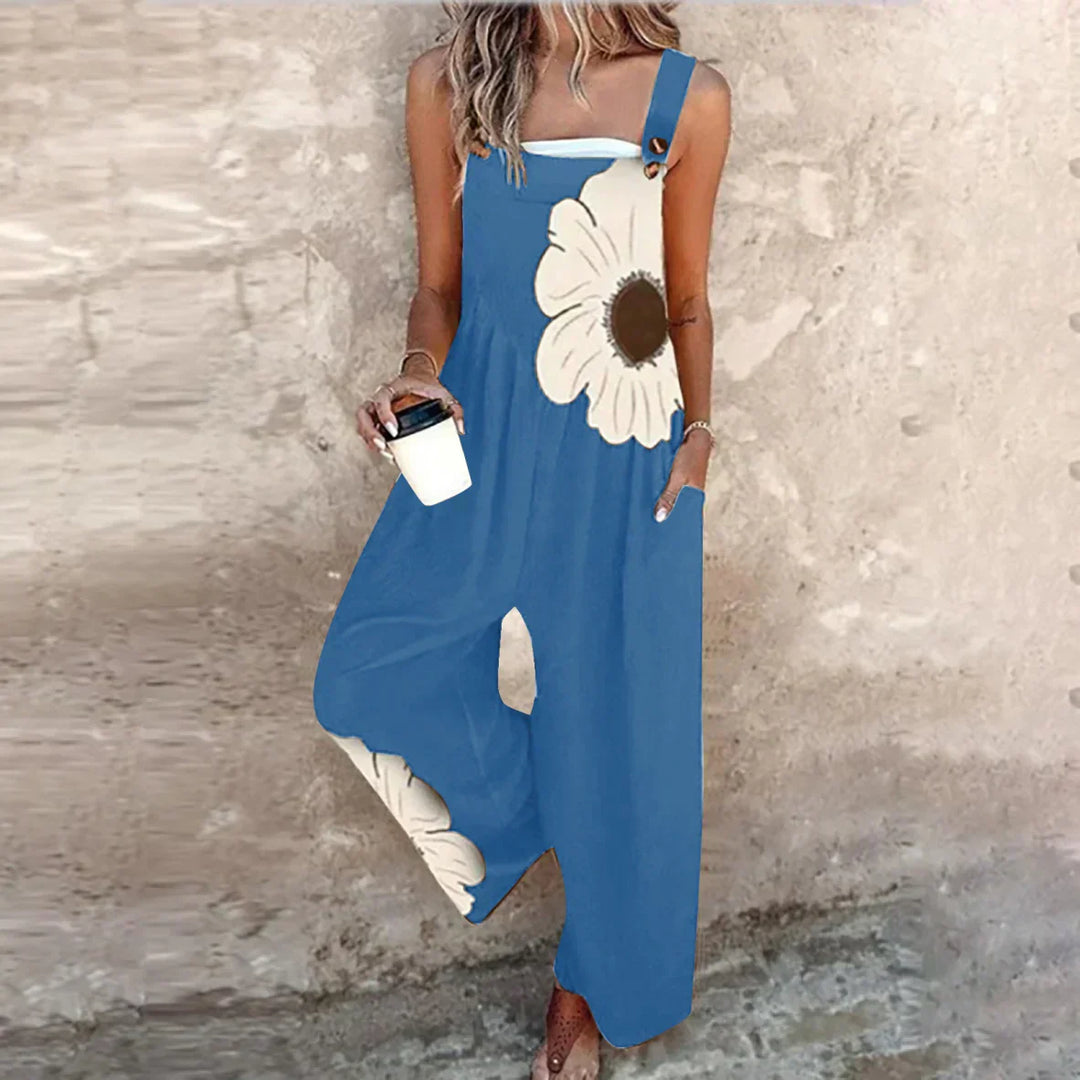 Floral print dungarees styled with casual top and relaxed summer aesthetic