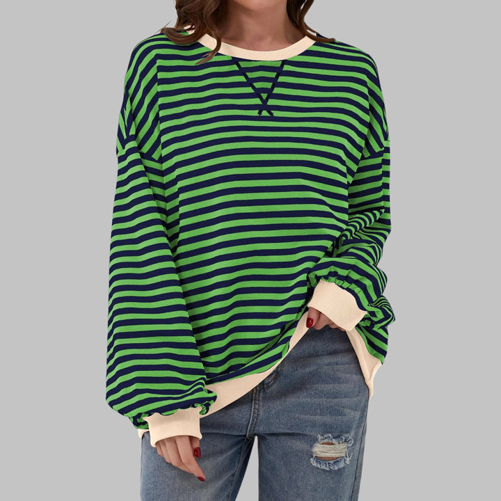 Women's casual long sleeve striped sweatshirt in green and navy with contrast ribbed cuffs and crew neckline