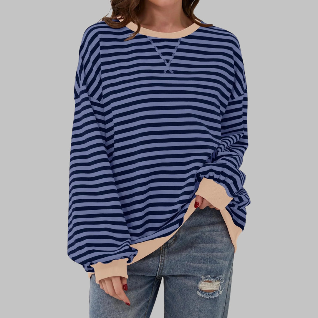 Contrast ribbed trim detail at cuffs and neckline of women's casual long sleeve striped sweatshirt