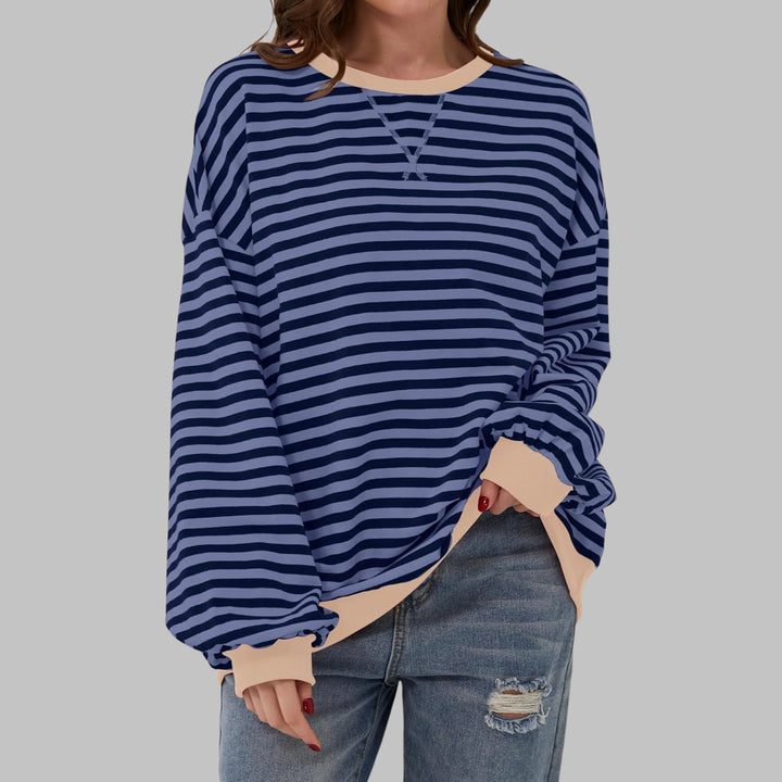 Contrast ribbed trim detail at cuffs and neckline of women's casual long sleeve striped sweatshirt