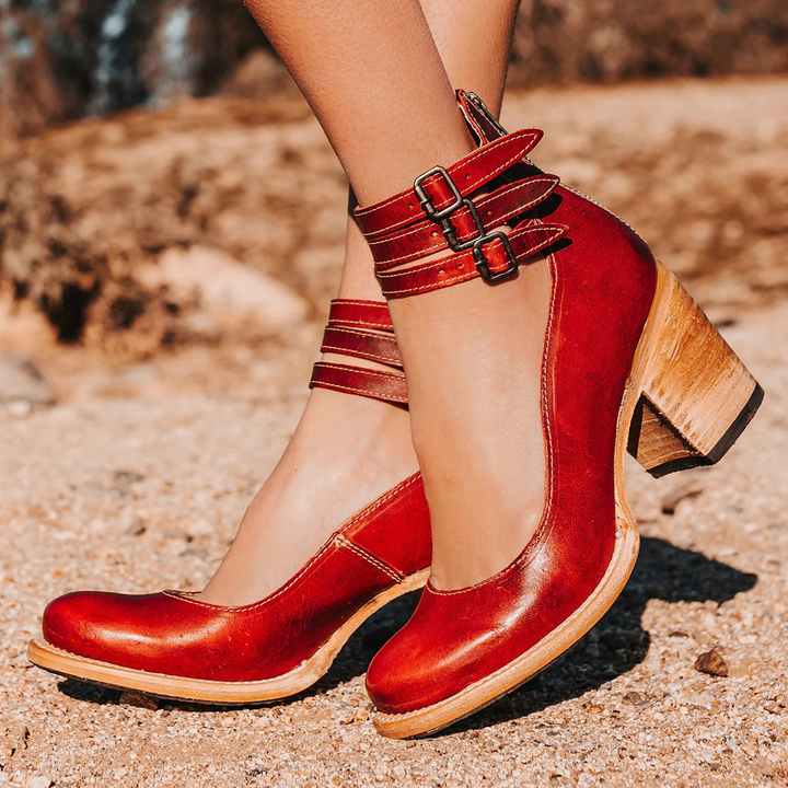 Brown ankle strap heels with vintage buckle fastening and structured block heel for all-season wear