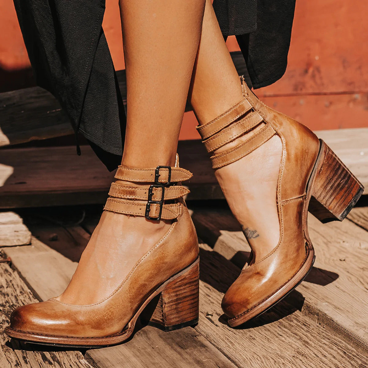 Black strappy ankle strap heels with double buckle detail and chunky heel for evening events