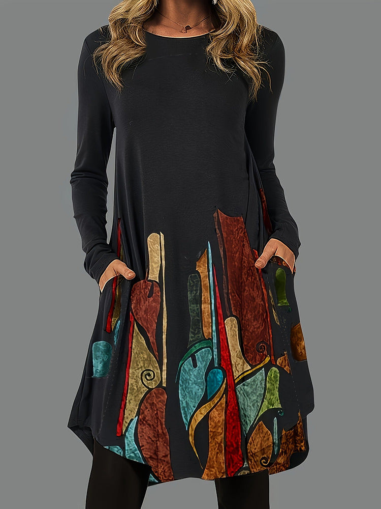 Women's plus size abstract print long sleeve midi dress with pockets