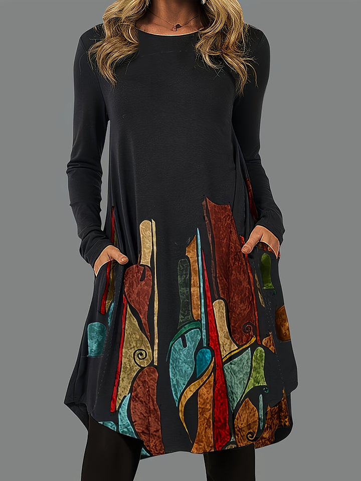 Women's plus size abstract print long sleeve midi dress with pockets