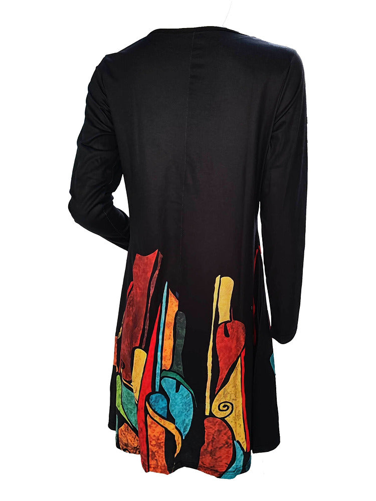 Women's plus size abstract print long sleeve midi dress with pockets