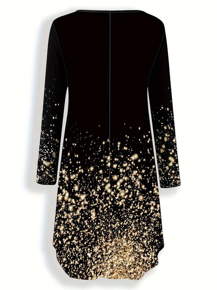 Women's plus size abstract print long sleeve midi dress with pockets