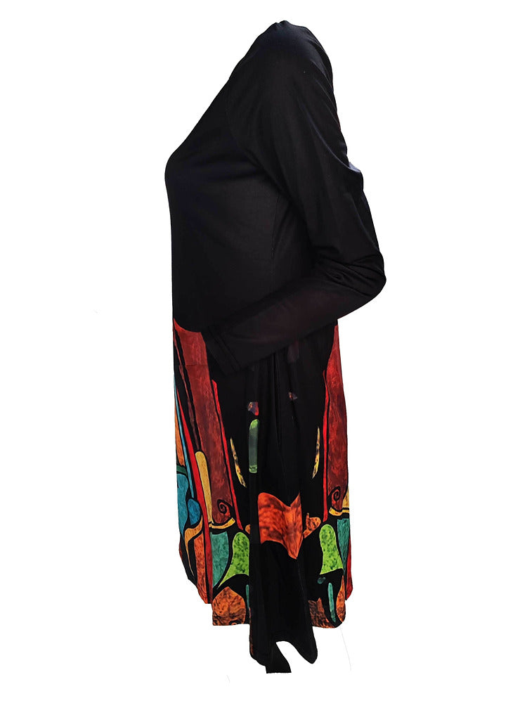 Women's plus size abstract print long sleeve midi dress with pockets