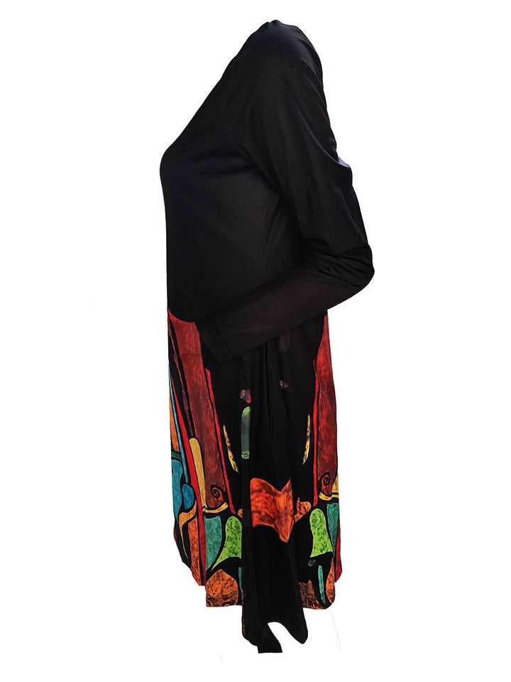 Women's plus size abstract print long sleeve midi dress with pockets