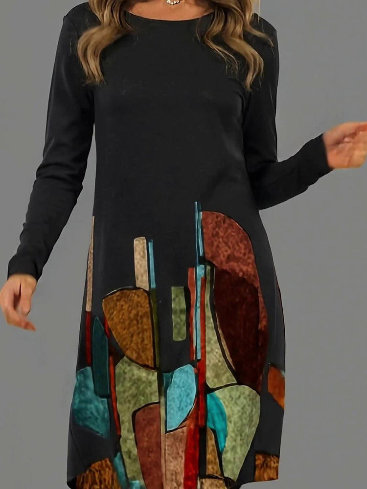 Women's plus size abstract print long sleeve midi dress with pockets