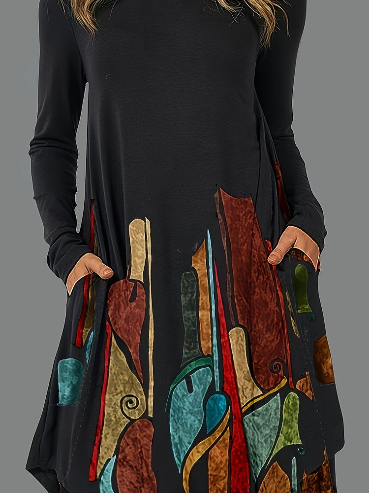 Women's plus size abstract print long sleeve midi dress with pockets