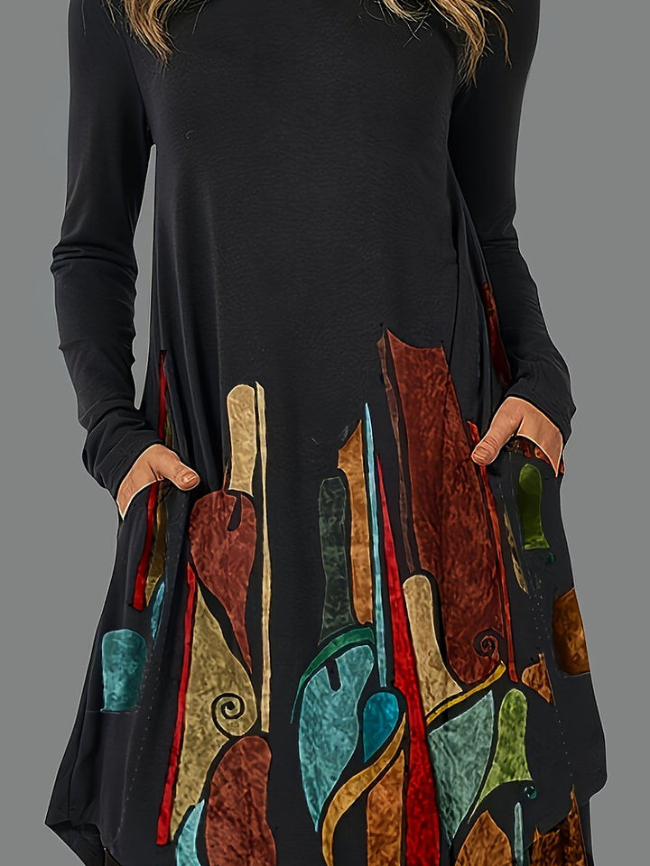 Women's plus size abstract print long sleeve midi dress with pockets
