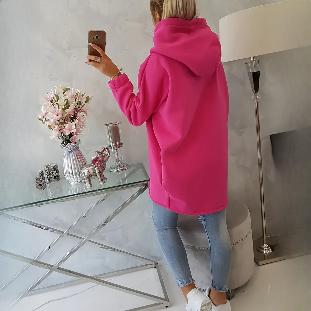 Women's asymmetric zip hoodie jacket in fuchsia, back view