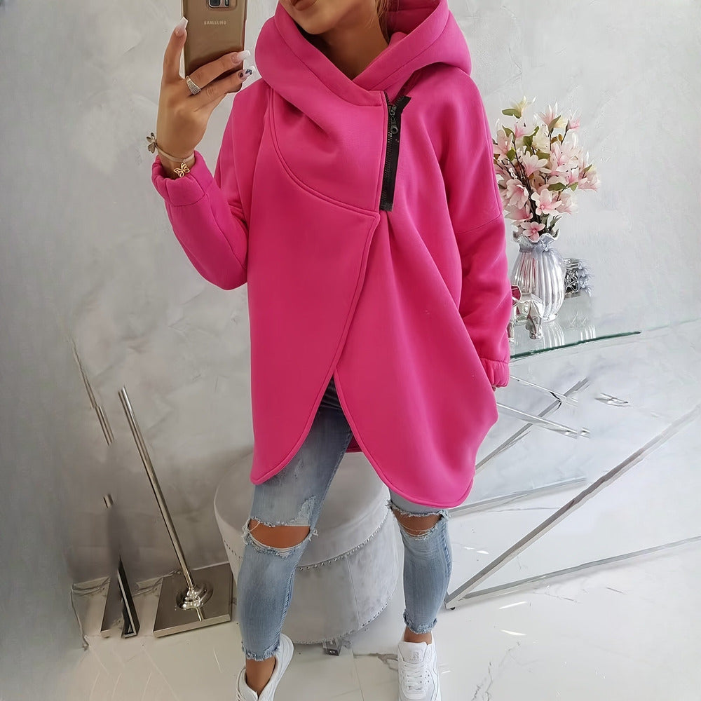 Women's asymmetric zip hoodie jacket in fuchsia, front view