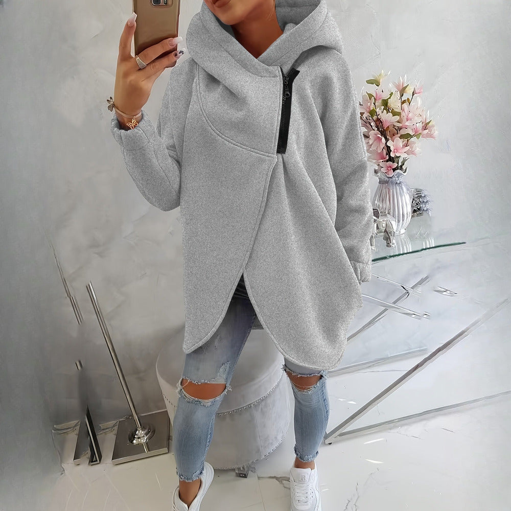 Women's asymmetric zip hoodie jacket in grey, front view