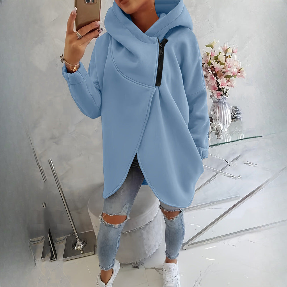 Women's asymmetric zip hoodie jacket in light blue, front view