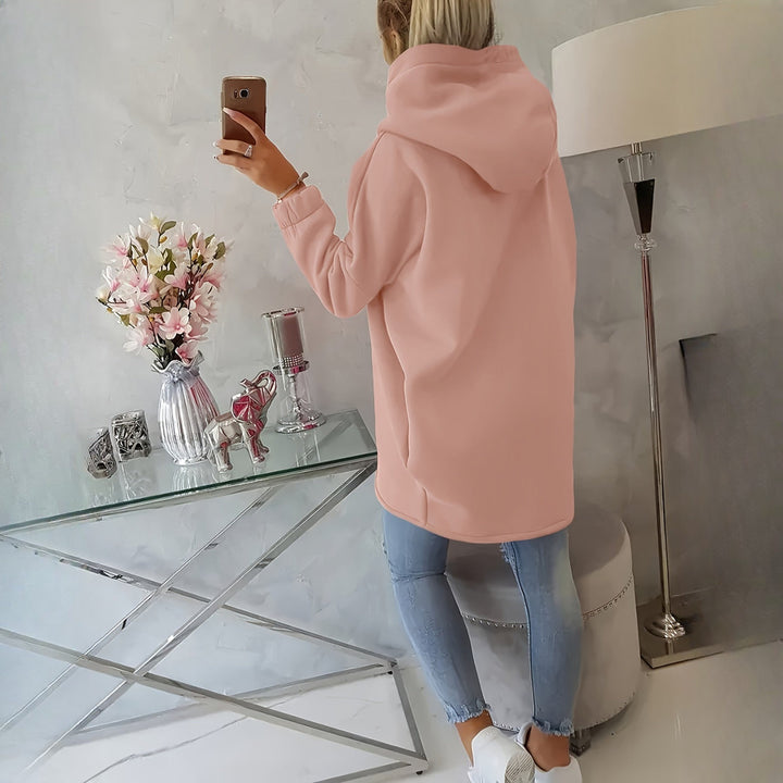 Women's asymmetric zip hoodie jacket in pink, back view