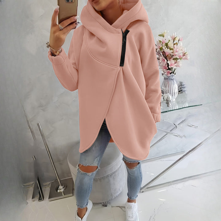 Women's asymmetric zip hoodie jacket in pink, front view