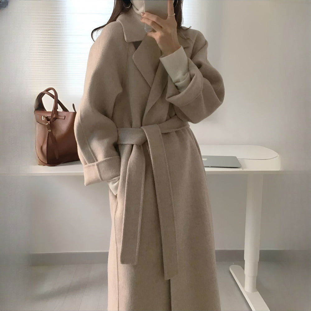 Women's Belted Longline Wrap Coat - apricot