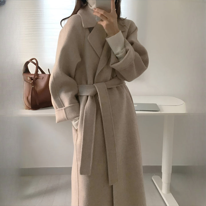 Women's Belted Longline Wrap Coat - apricot
