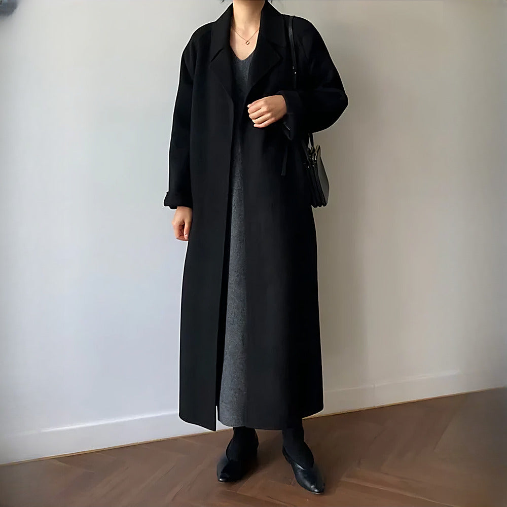 Women's Belted Longline Wrap Coat - black