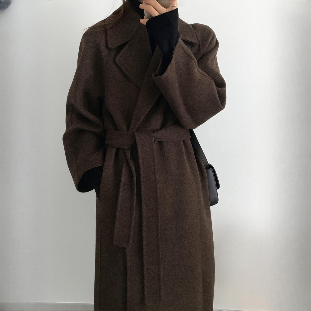 Women's Belted Longline Wrap Coat - brown front